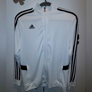 Womens white Adidas track jacket with iconic 3 black stripes size L